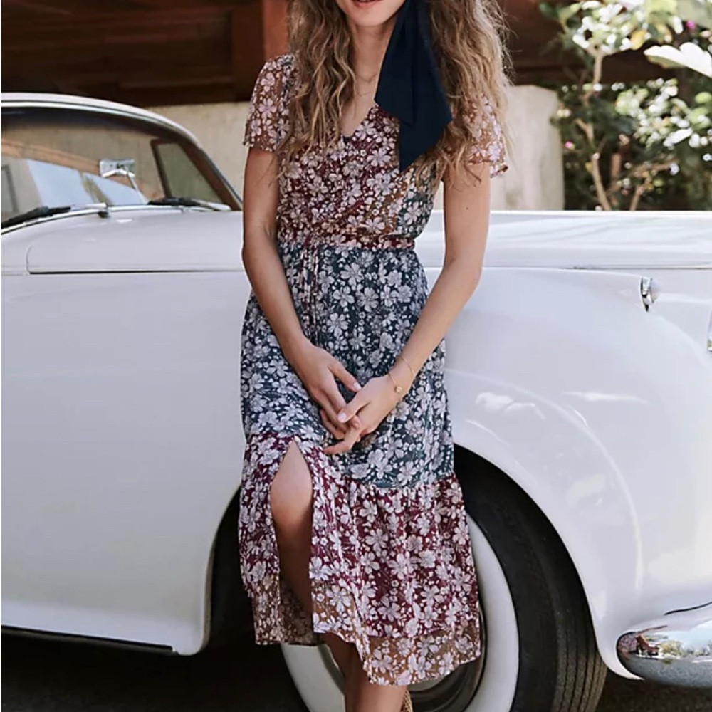 Anthropologie Red and Blue Floral Midi Dress